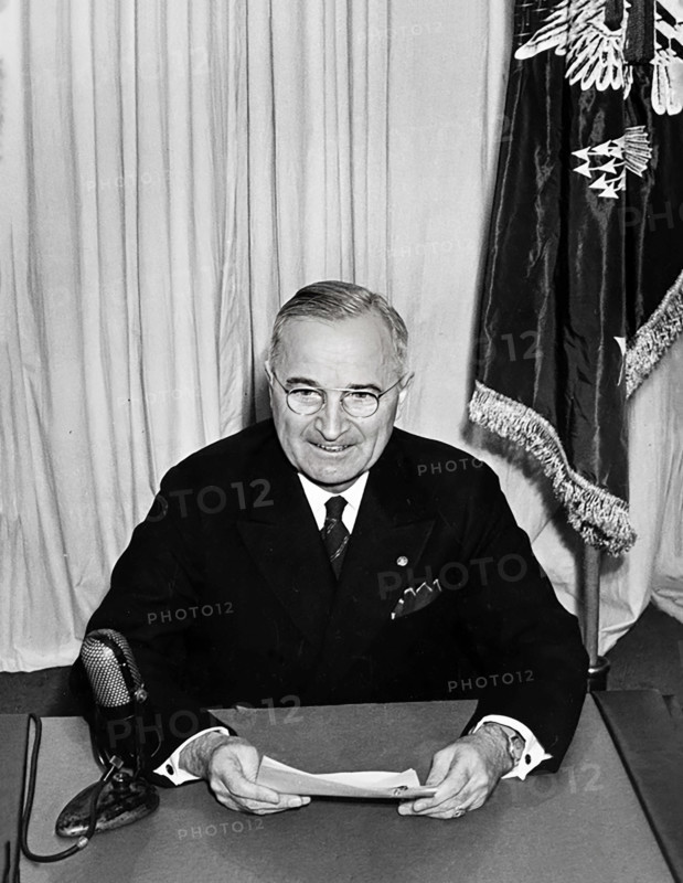 U.S. President Harry S. Truman giving radio address announcing victory in Europe over the Germans, Washington, D.C., USA, Abbie Rowe, National Parks Service, Harry S. Truman Library, May 8, 1945
