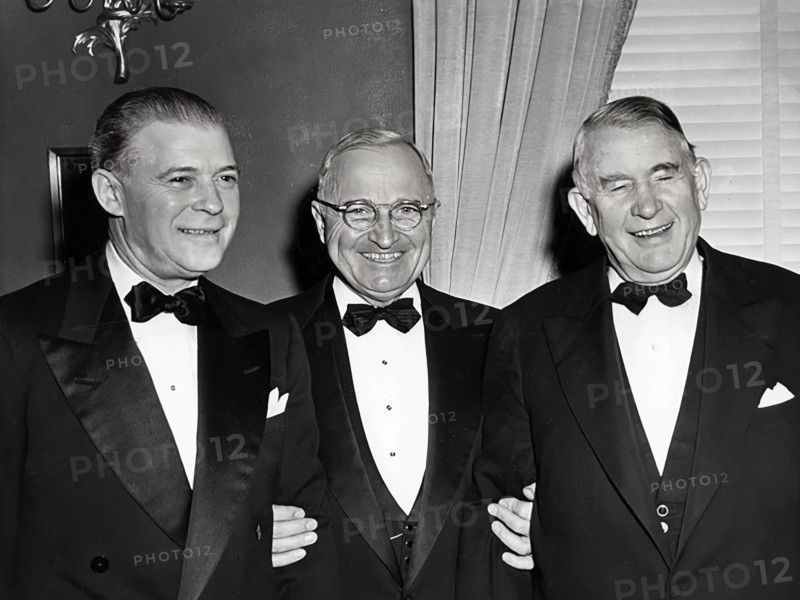 U.S. President Harry S. Truman (center), U.S. Vice President Alben Barkley (right), and unidentified man at the Truman-Barkley Dinner, Mayflower Hotel, Washington, D.C., USA, Abbie Rowe, National Parks Service, Harry S. Truman Library, January 18, 1949