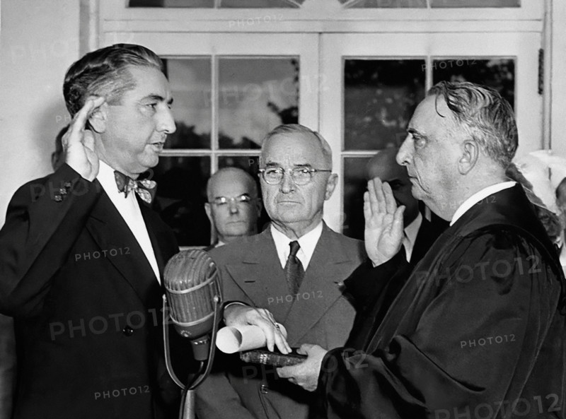 U.S. Chief Justice Fred Vinson (right) swearing in Tom C. Clark (left) as Associate Supreme Court Justice as U.S. President Harry S. Truman (center) looks on, Washington, D.C., USA, Abbie Rowe, National Parks Service, Harry S. Truman Library, August 24,1949