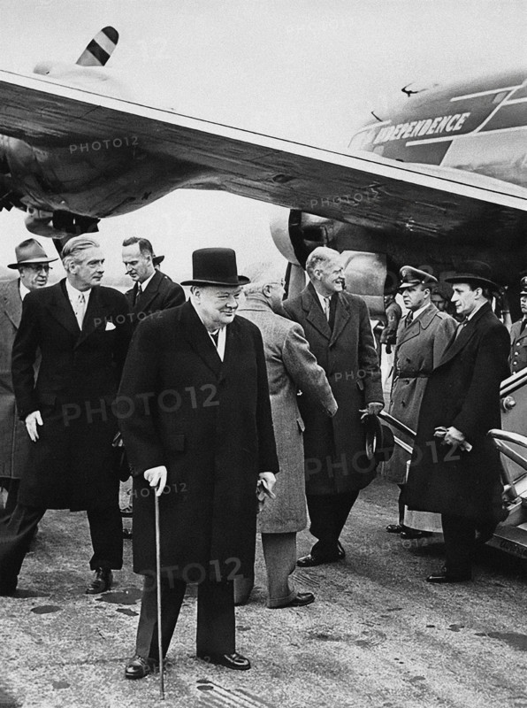 British Foreign Minister Anthony Eden, British Prime Minister Winston Churchill, U.S. President Harry S. Truman, British Ambassador to the U.S. Oliver Franks and Chief of Protocol John F. Simmons after Churchill arrived at Washington National Airport on board President Truman's airplane, "The Independence", Washington, D.C., USA, Abbie Rowe, National Parks Service, Harry S. Truman Library, January 5, 1952