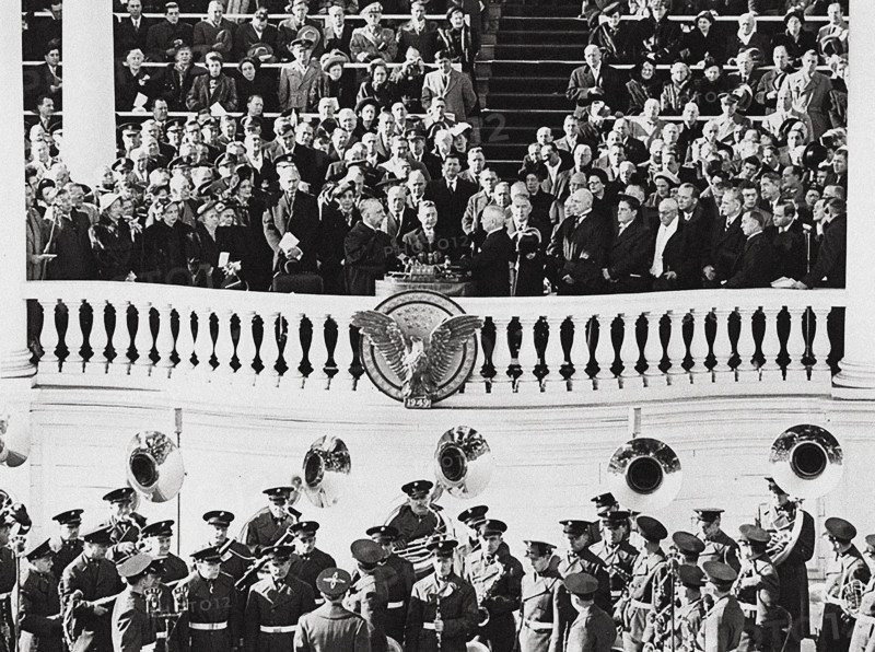 U.S. President Harry S. Truman (center foreground, right) taking oath of office and is sworn in as U.S. President by Chief Justice of the Supreme Court, Fred Vinson, U.S. Capitol building, Washington, D.C., USA, Abbie Rowe, National Parks Service, Harry S. Truman Library, January 20, 1949