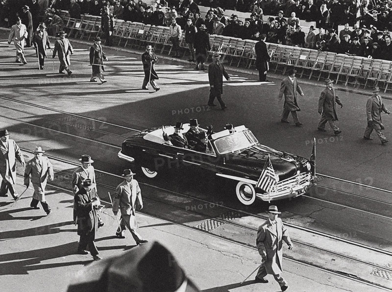 U.S. President Harry S. Truman and U.S. Vice President Alben Barkley wave to crowds their car during the Inaugural Parade, Washington, D.C., USA, Abbie Rowe, National Parks Service, Harry S. Truman Library, January 20, 1949