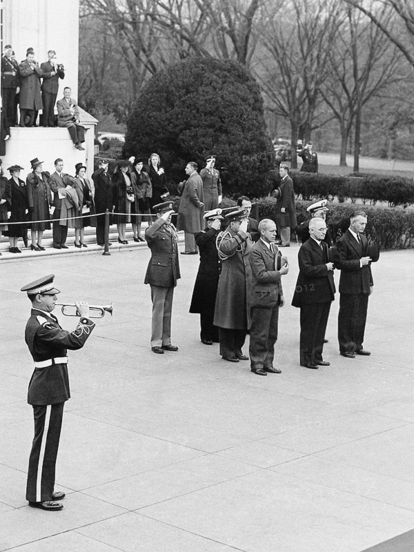 U.S. President Harry S. Truman (center, front row) and others at Tomb of the Unknown Soldier, Arlington National Cemetery, Arlington, Virginia, USA, Abbie Rowe, National Parks Service, Harry S. Truman Library, November 11, 1945