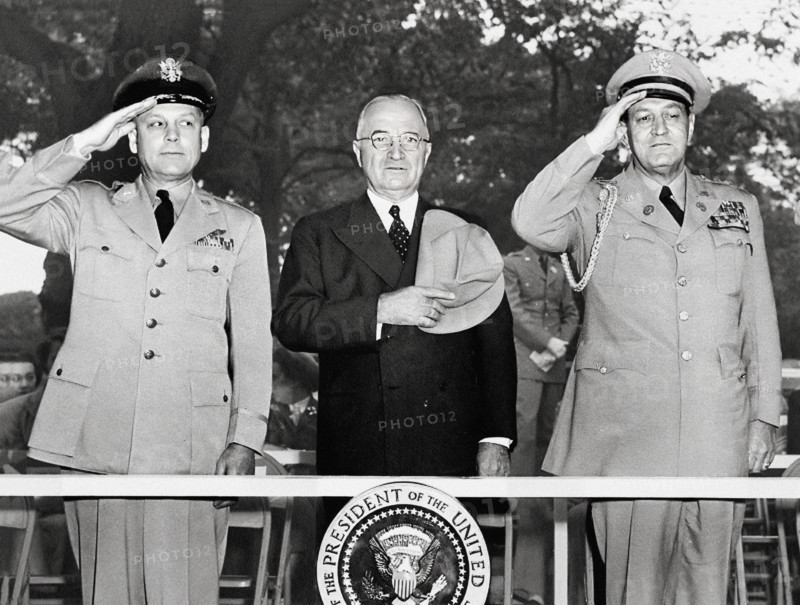 U.S. President Harry S. Truman with Brigadier General Morris J. Lee, United States Air Force, and Major General Harry Vaughan, Military Aide to the President, attending the Armed Forces Day Parade, Washington, D.C., USA, Abbie Rowe, National Parks Service, Harry S. Truman Library, May 17, 1952