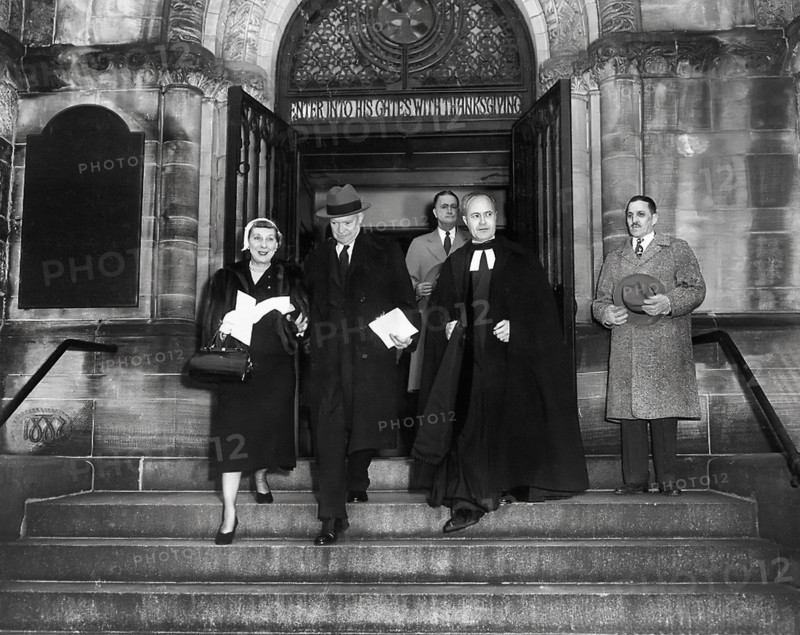 U.S. President-elect Dwight D. Eisenhower (center, wearing hat) and his wife Mamie Eisenhower (left) leaving church on morning of his Inauguration as President, Washington, D.C., USA, Abbie Rowe, U.S. National Parks Service, January 20, 1953