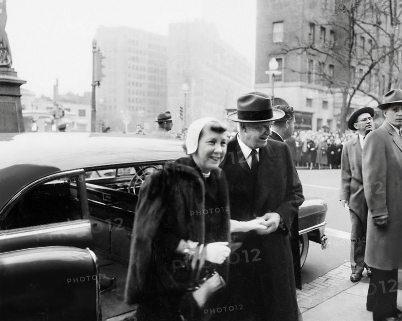 U.S. President-elect Dwight D. Eisenhower and his wife Mamie Eisenhower exiting car to attend church services on morning of his Inauguration as President, Washington, D.C., USA, Abbie Rowe, U.S. National Parks Service, January 20, 1953
