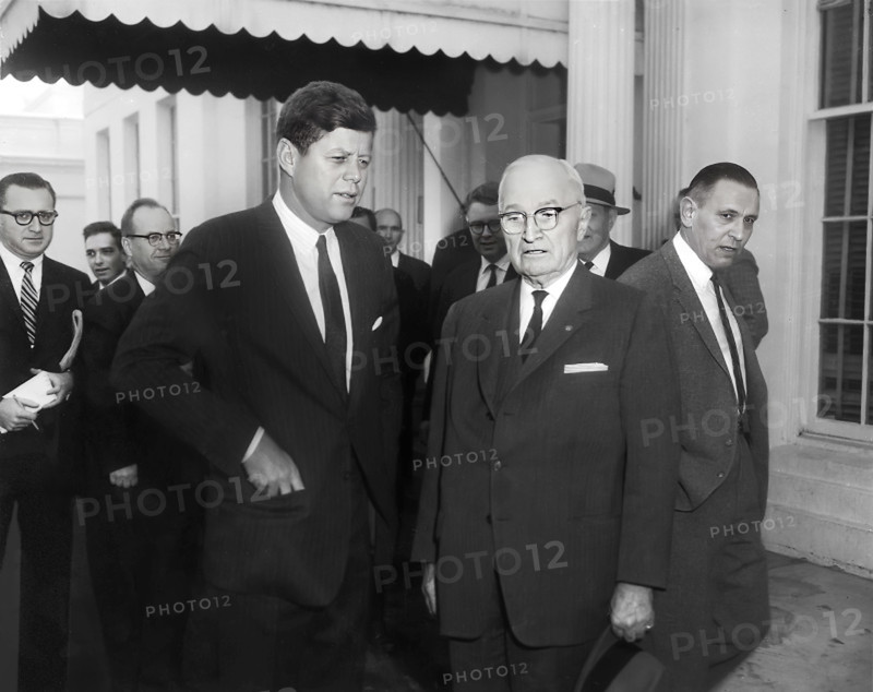 U.S. President John F. Kennedy with former U.S. President Harry S. Truman in front of White House, Washington, D.C., USA, Abbie Rowe, National Parks Service, Harry S. Truman Library, February 13, 1962