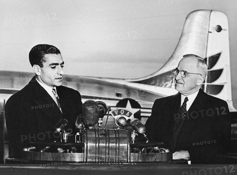 Shah of Iran, Mohammad Reza Pahlavi (left) responding to U.S. President Harry S. Truman's (right) welcoming remarks at Washington National Airport, Washington, D.C., USA, Abbie Rowe, National Parks Service, Harry S. Truman Library, November 16, 1949