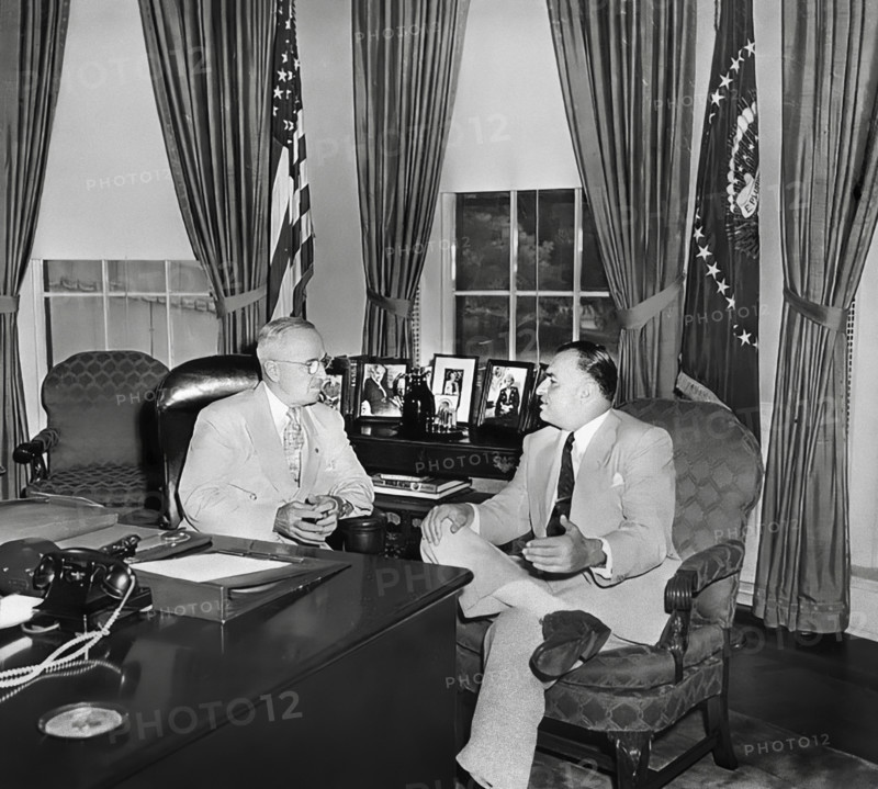 U.S. President Harry S. Truman (left) meeting with President Galo Plaza of Ecuador (right) in White House Oval Office, Washington, D.C., USA, Abbie Rowe, National Parks Service, Harry S. Truman Library, Jun2 22, 1951