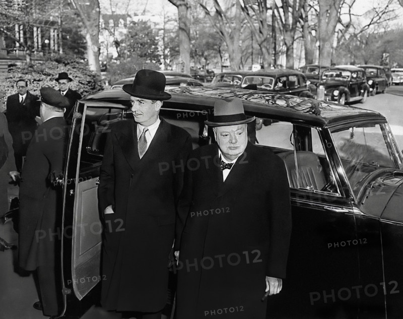 British Prime Minister Winston Churchill (right) and British Foreign Secretary Anthony Eden exiting car, Washington, D.C., USA, Abbie Rowe, National Parks Service, Harry S. Truman Library, January 5, 1952
