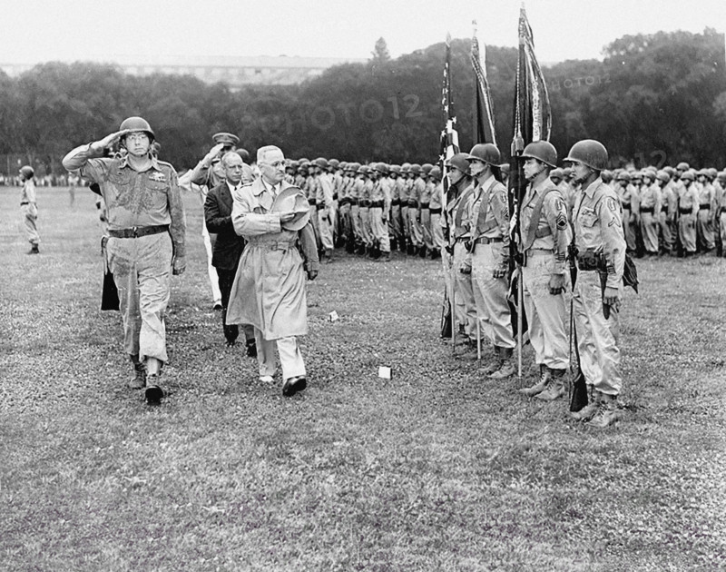 Four Nisei soldiers present the colors as U.S. President Harry S. Truman reviews 442nd Regimental Combat Team, all second-generation Japanese-Americans, on the Ellipse, Washington, D.C., USA, Abbie Rowe, National Parks Service, Harry S. Truman Library, July 15, 1946