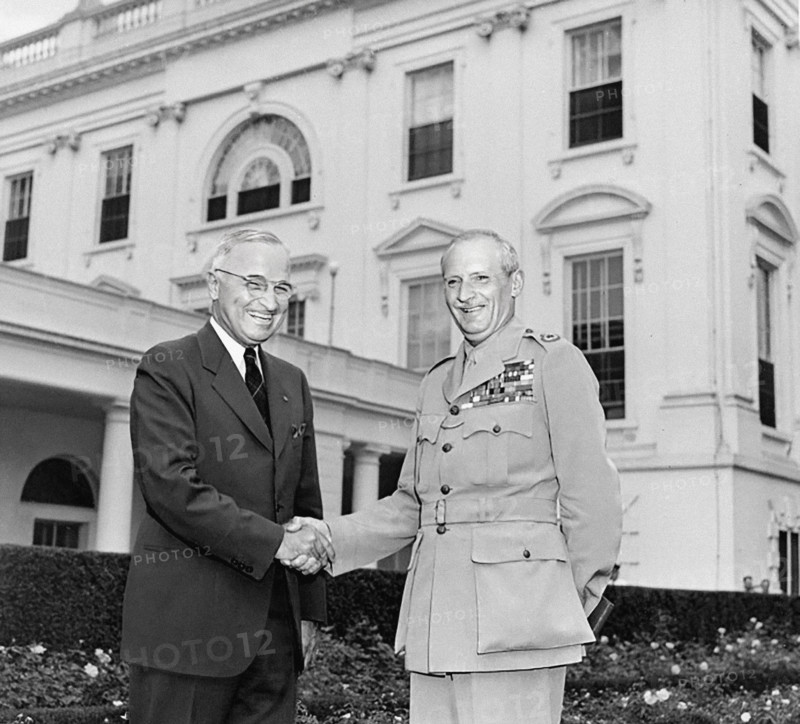 U.S. President Harry S. Truman (left) shaking hands with British Field Marshal Bernard Montgomery on White House lawn, Washington, D.C., USA, Abbie Rowe, National Parks Service, Harry S. Truman Library, September 11, 1946