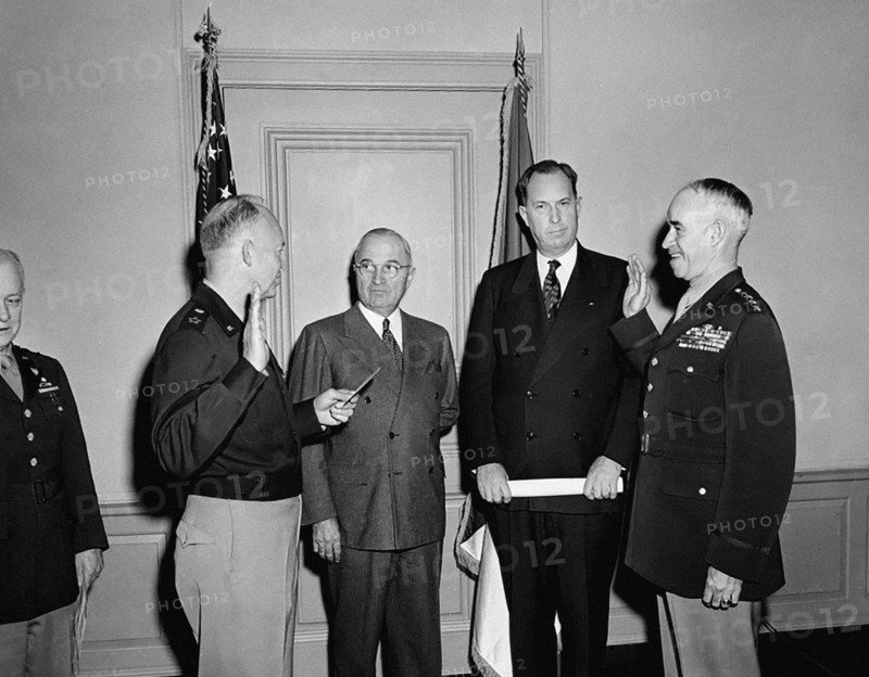 U.S. General Dwight D. Eisenhower swearing in U.S. General Omar Bradley to be Chief of Staff of the U. S. Army as U.S. President Harry S. Truman and  Secretary of the Army Kenneth Royall look on, Pentagon, Arlington, Virginia, USA, Abbie Rowe, National Parks Service, Harry S. Truman Library, February 7, 1948