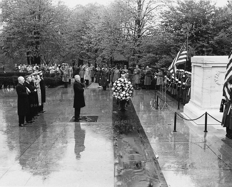 U.S. President Harry S. Truman standing before Tomb of the Unknown Soldier, Arlington National Cemetery. Standing behind President Truman are, from left to right: Admiral William D. Leahy; Secretary of Defense James Forrestal; Under Secretary of the Navy John L. Sullivan; Major General Harry Vaughan; and Captain James Foskett, President Truman's Naval Aide, Arlington National Cemetery, Arlington, Virginia, USA, Abbie Rowe, National Parks Service, Harry S. Truman Library, November 11, 1947
