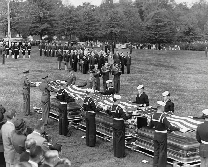 U.S. President Harry S. Truman with other government and military dignitaries attending burial of twenty soldiers, which were first war dead returned to be buried in the United States, Arlington National Cemetery, Arlington, Virginia, USA, Abbie Rowe, National Parks Service, Harry S. Truman Library, October 30, 1947