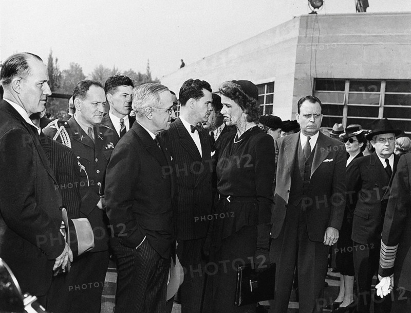 U.S. President Harry S. Truman and Anna Roosevelt, President Roosevelt's daughter, (foreground) after funeral services at White House for Franklin D. Roosevelt, Union Station, Washington, D.C., USA, Abbie Rowe, National Parks Service, Harry S. Truman Library, April 14, 1945