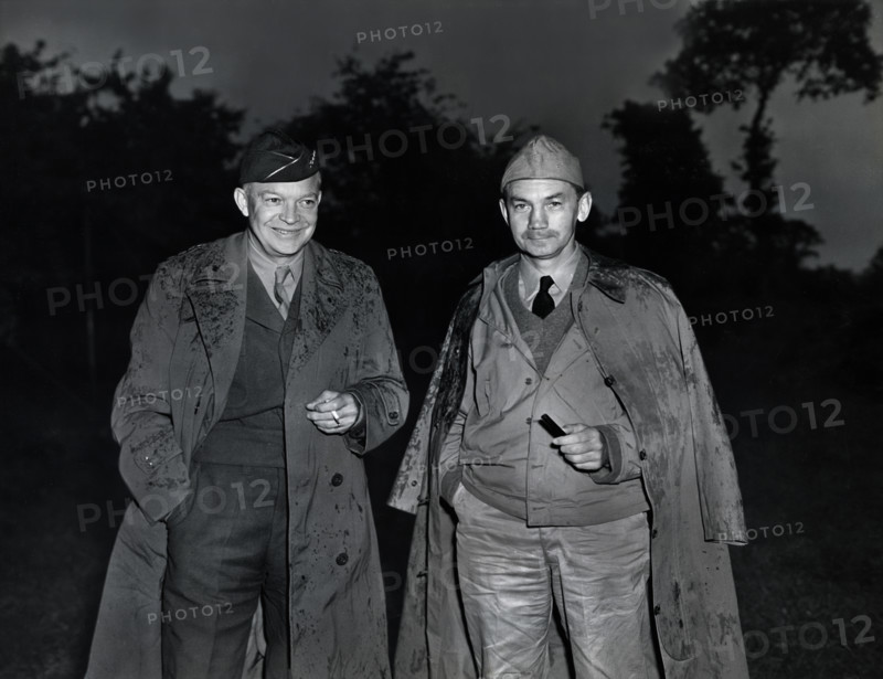 U.S. General Dwight D. Eisenhower with U.S. Secretary of the Navy James V. Forrestal following their meeting at Allied Commander's advance headquarters, Normandy, France, U.S. Army Signal Corps, August 21, 1944