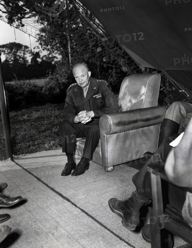 U.S. General Dwight D. Eisenhower holding press conference for war correspondents at his advance command post, where he released the fact that U.S. General George S. Patton was commanding the U.S. Third Army, Normandy, France, U.S. Army Signal Corps, August 16, 1944