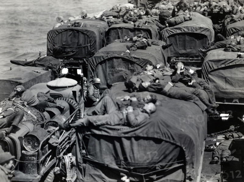 American assault troops aboard landing craft enroute from England to Cherbourg, France, U.S. Army Signal Corps, June 9, 1944
