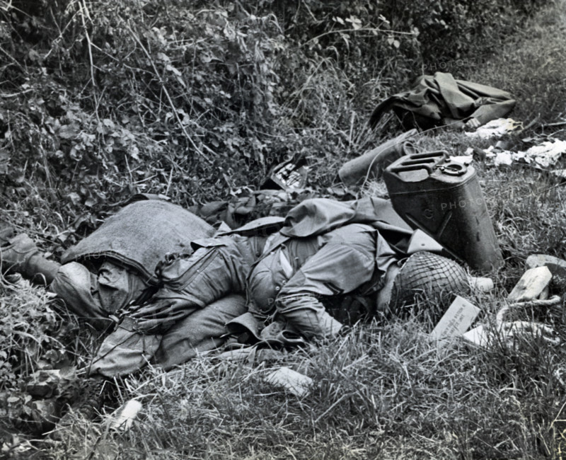 American soldiers who died in crash-landing of glider during invasion, near Utah Beach, Sainte-Marie-Du-Mont, Normandy, France, Montgomery, U.S. Army Signal Corps, June 6, 1944