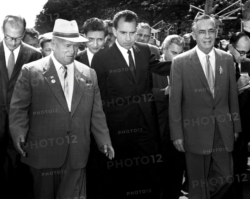 U.S. Vice President Richard Nixon, Soviet Premier Nikita Khrushchev, and others touring American National Exhibition, Sokolniki Park, Moscow, Soviet Union, Richard Nixon Foundation Collection, July 24, 1959