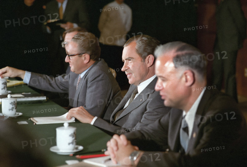 U.S. President Richard Nixon, U.S. Secretary of State Henry Kissinger and U.S. Diplomats Winston Lord and John Holdridge during meeting with Chinese Premier Chou En-Lai (not pictured), Beijing, People's Republic of China, Richard Nixon White House Photo Office, February 22, 1972