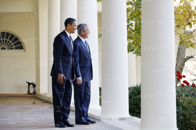 U.S. President George W. Bush and U.S. President-elect Barack Obama standing on White House Colonnade following their Oval Office meeting, Washington, D.C., USA, Eric Draper, George W. Bush White House Photo Office, November 10, 2008