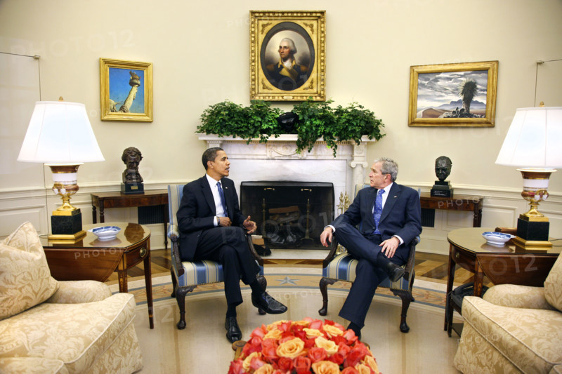 U.S. President George W. Bush and U.S. President-elect Barack Obama meeting in White House Oval Office, Washington, D.C., USA, Eric Draper, George W. Bush White House Photo Office, November 10, 2008