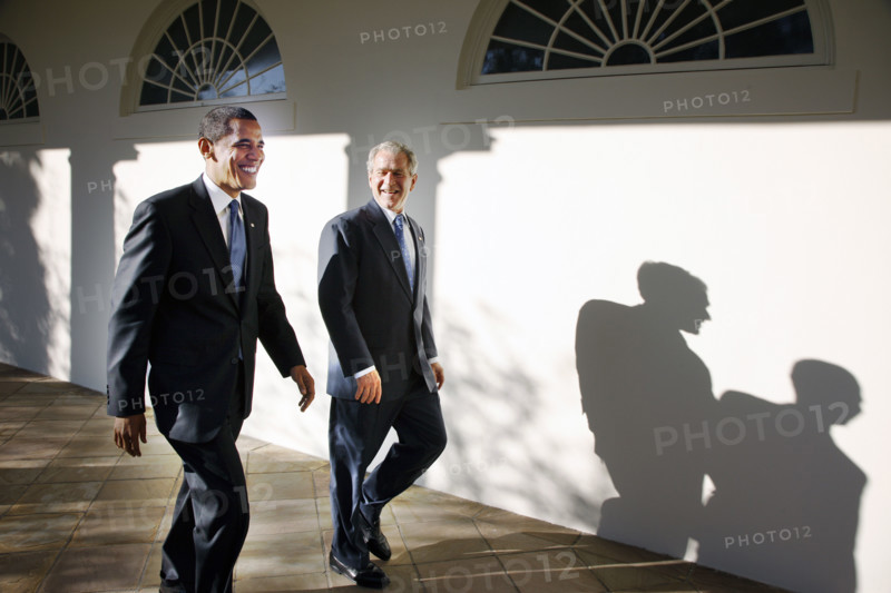 U.S. President George W. Bush and U.S. President-elect Barack Obama walking along White House Colonnade following their Oval Office meeting, Washington, D.C., USA, Eric Draper, George W. Bush White House Photo Office, November 10, 2008