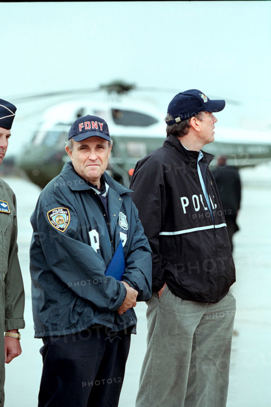 New York City Mayor Rudolph Giuliani and New York Governor George Pataki awaiting the arrival of U.S. President George W. Bush to McGuire Air Force Base, Wrightstown, New Jersey, USA, Paul Morse, George W. Bush White House Photo Office, September 14, 2001