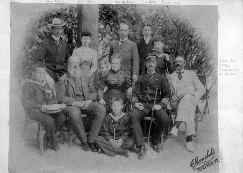 Prince Christopher, Queen Olga, Prince George (George II), King George I, Prince Nicholas, Queen Sophia, King Constantine, Prince Andrew, Princess Maria and Grand Duke George Mikhailovich of Russia