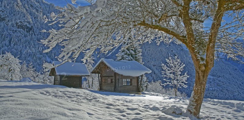 Cottages in the snow, Haute-Savoie, France