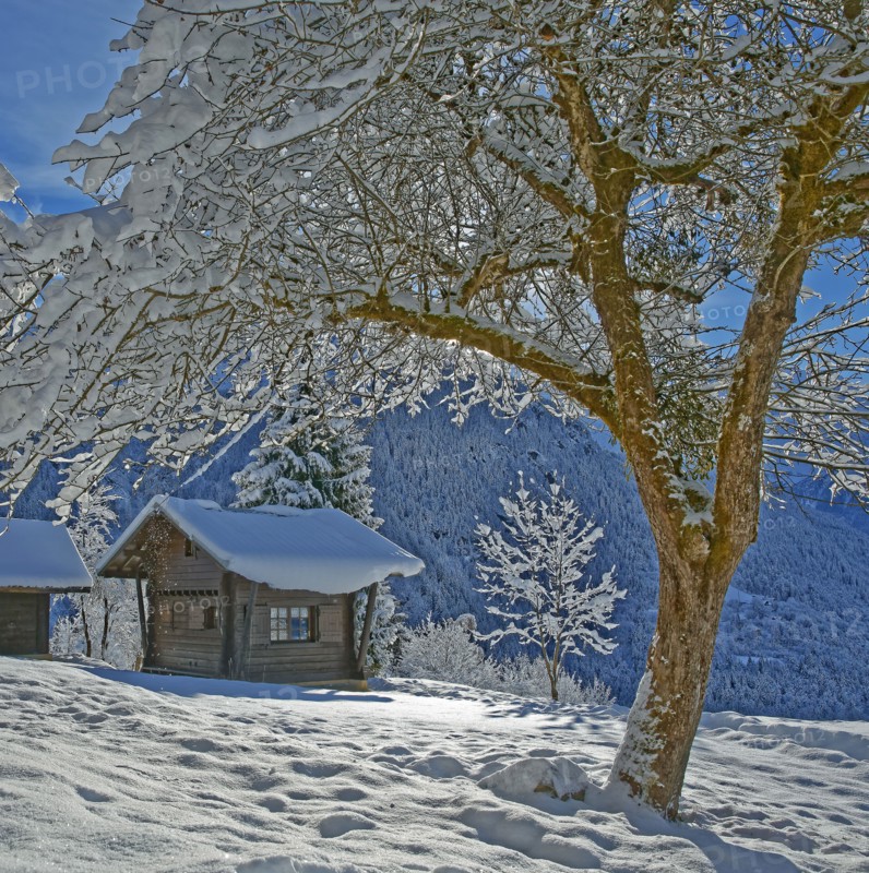 Cottages in the snow, Haute-Savoie, France