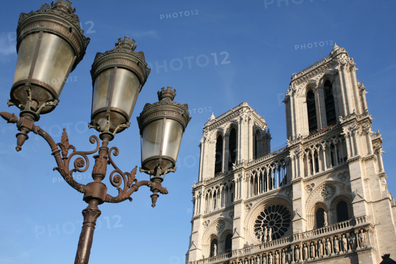 France, Paris 4e, ile de la cite, cathedrale Notre-Dame de Paris, art gothique et neo gothique, parvis, tours, lampadaire,