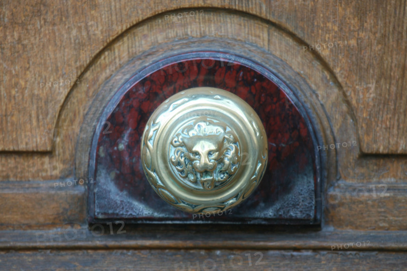 France, Paris 4e, Boulevard Henri IV, detail immeuble au no 15, representation d'un lion, bouton de porte