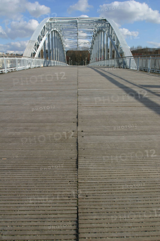 France, Paris 16e, passerelle debilly, pont metallique, sol en bois, ciel nuageux,