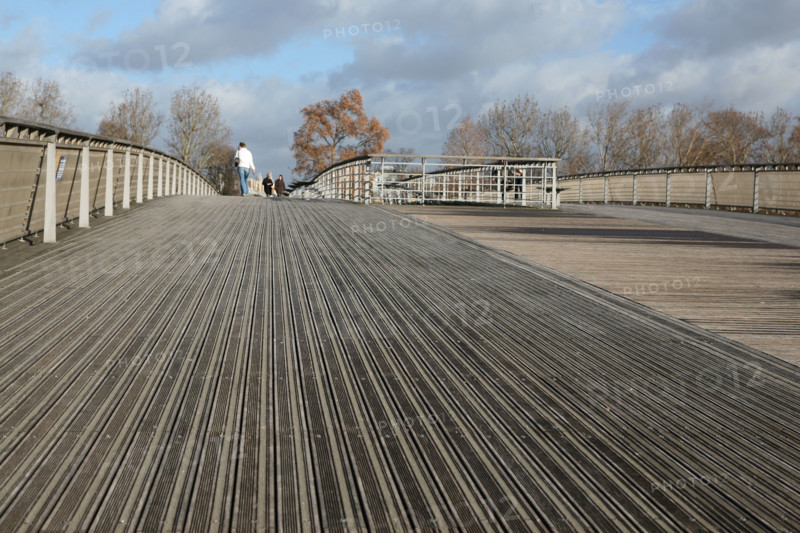France, Paris 7e, passerelle Leopold Sedar Senghor, initialement nommee passerelle de solferino, structure metallique, sol en bois,
