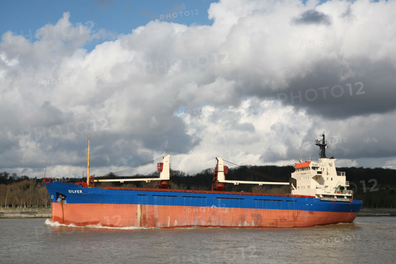 France: Normandie, Seine Maritime, vallee de la Seine, Rouen, grand port de mer de Rouen, navire en Seine, cargo silver, ciel nuageux,