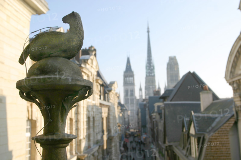 France, Normandie, Seine Maritime, Rouen, depuis l'interieur du gros horloge, symbole de la ville, mouton, cathedrale, toits,