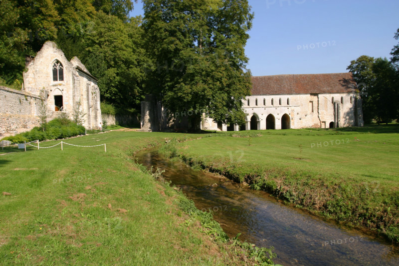 France, Haute Normandie, eure, abbaye de fontaine guerard, art gothique, edifice religieux, arcades, voutes, ruisseau, herbe,