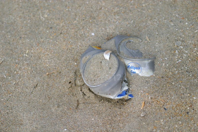 France, Normandie, pollution, canette dans le sable d'une plage, dechets, detritus, developpement durable,