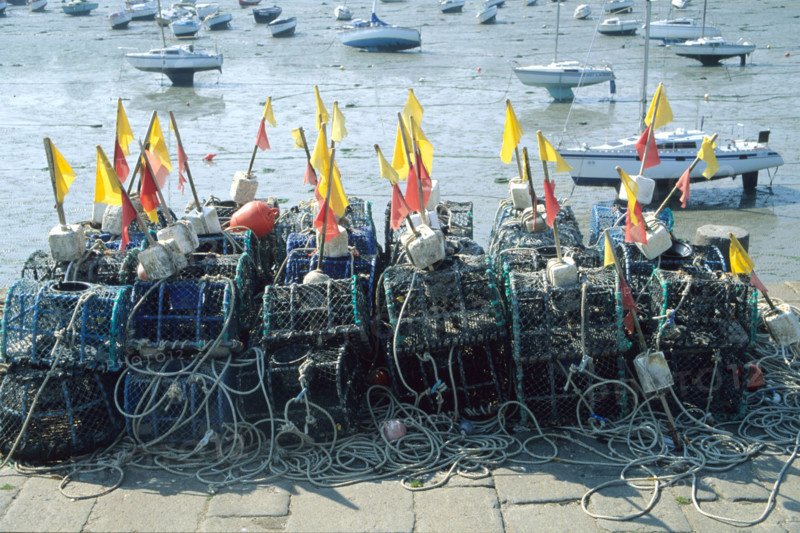 France, Bretagne, Cotes d'Armor, cote du goelo, saint quay portrieux, port a maree basse, tas de casiers, peche crustaces,