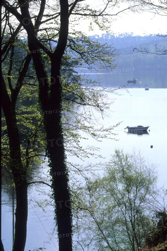 France, Bretagne, Cotes d'Armor, lac de Guerledan, plan d'eau amenage, rochers, bateau de plaisance, arbres