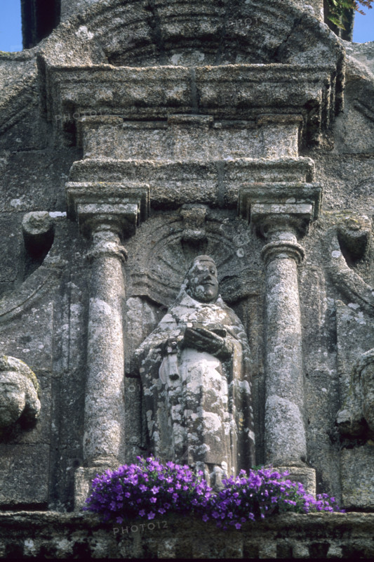 France, Bretagne, Finistere nord, circuit des enclos paroissiaux, commana, porche sud de l'eglise, personnage, fleurs poussees dans la pierre,