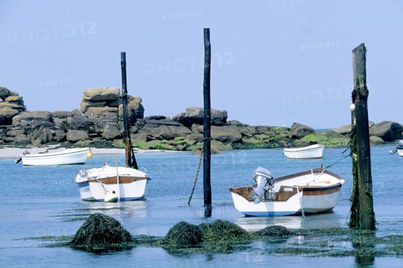 France, Bretagne, Finistere nord, cotes des abers, porspoder, port Mazou, pilotis, petits bateaux amarres,