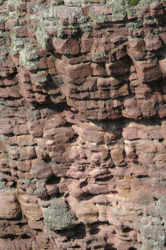 France, Bretagne, Cotes d'Armor, cote d'Emeraude, cap Frehel, falaises du cap Frehel, detail de la roche rouge, motifs geometriques,