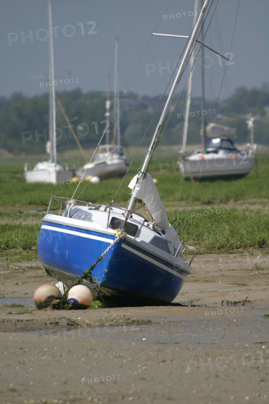 France, Basse Normandie, Manche, pays de coutances, paysage, panorama, pointe d'Agon, bateaux echoues a maree basse sur la greve, voiliers, sable,