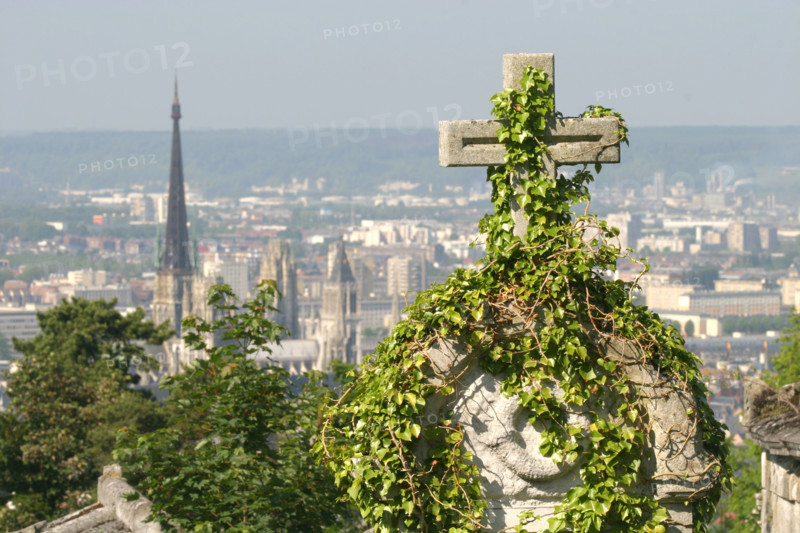 France, Haute Normandie, Seine Maritime, Rouen, cimetiere monumental surplombant la ville, fleche de la cathedrale notre dame,