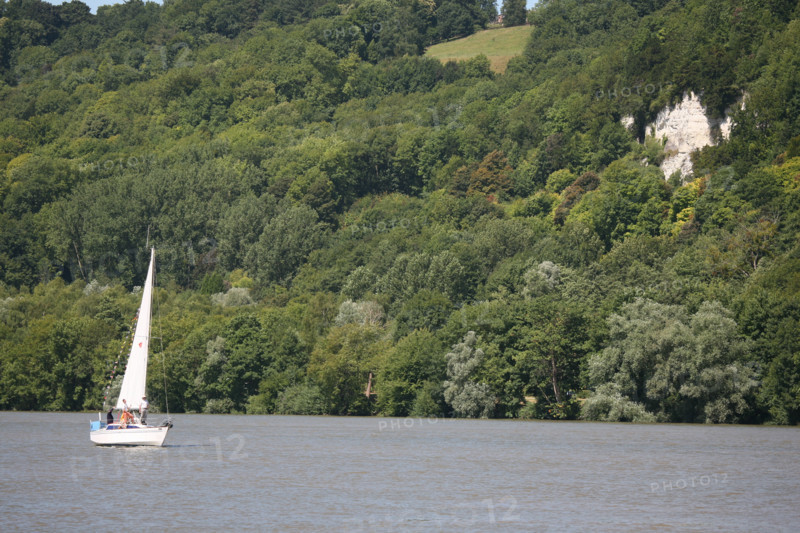 France, Haute Normandie, Seine Maritime, vallee de la Seine, caudebec en caux, vue depuis la rive d'en face, voilier, coteau, falaise,