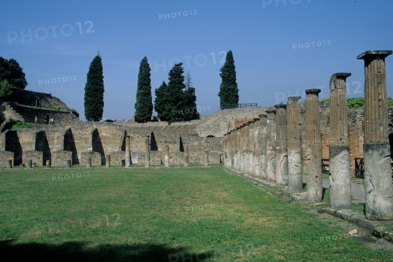 Italie, sud, golfe de naples, pompei, site historique, archeologie, antiquite, vesuve, volcan, colonnes, caserne des gladiateurs,